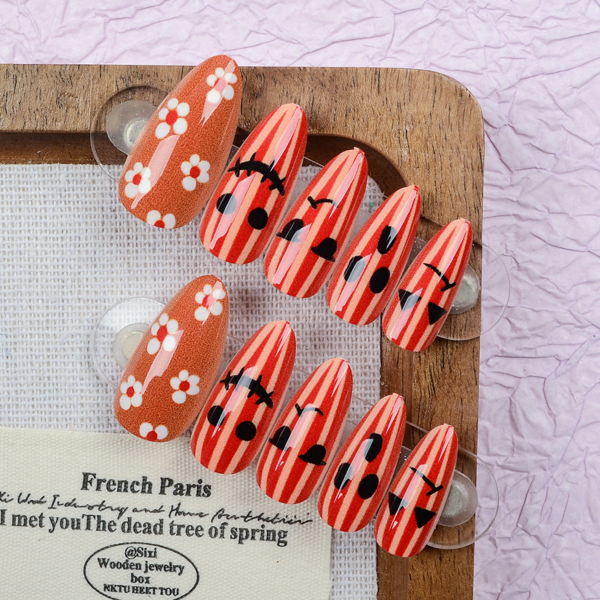 Whimsical Floral Medium Almond Orange with Unique Expressive Designs Press On Nail Set