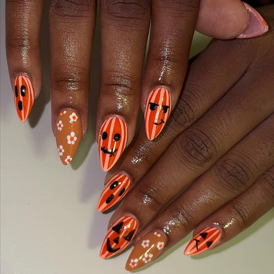 Spooky Pumpkin Stiletto Long Orange with Whimsical Halloween Designs Nail Set