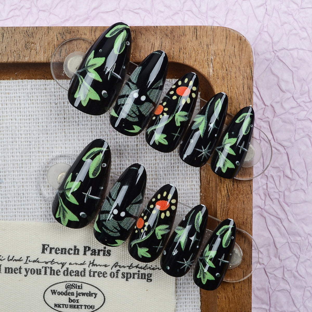 Enchanted Forest Long Almond Black Floral Press On Nail Set with Shimmering Details
