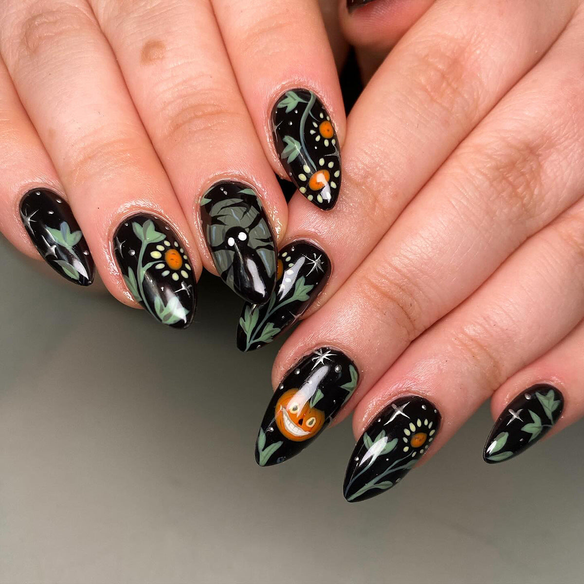Spooky Season Long Almond Black Floral Press on Nail Set