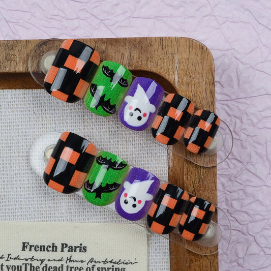 Spooky Halloween Short Square Black and Orange Plaid with Ghost and Bat Designs Press On Nail Set