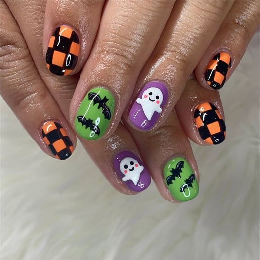 Hauntingly Chic Short Square Orange and Green Glow-in-the-Dark Press-On Nail Set