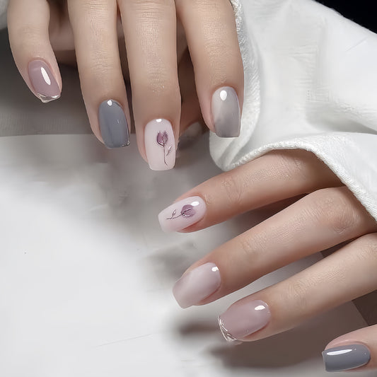 Charming Floral Elegance Medium Square Light Pink and Gray with Delicate Flower Design Press On Nail Set