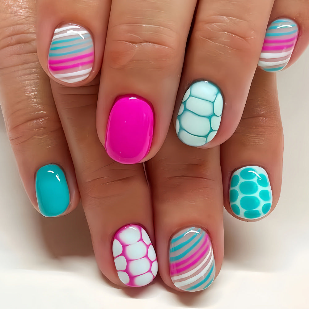 Tropical Vibes Medium Round Teal Pink Watercolor Nail Press Set with Unique Patterns