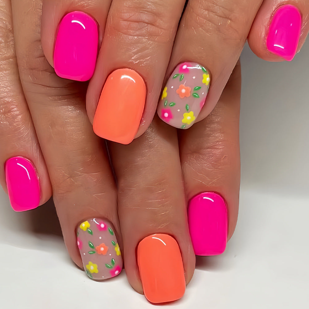 Vibrant Floral Fantasy Short Round Pink with Decorative Accents Press on Nail Set