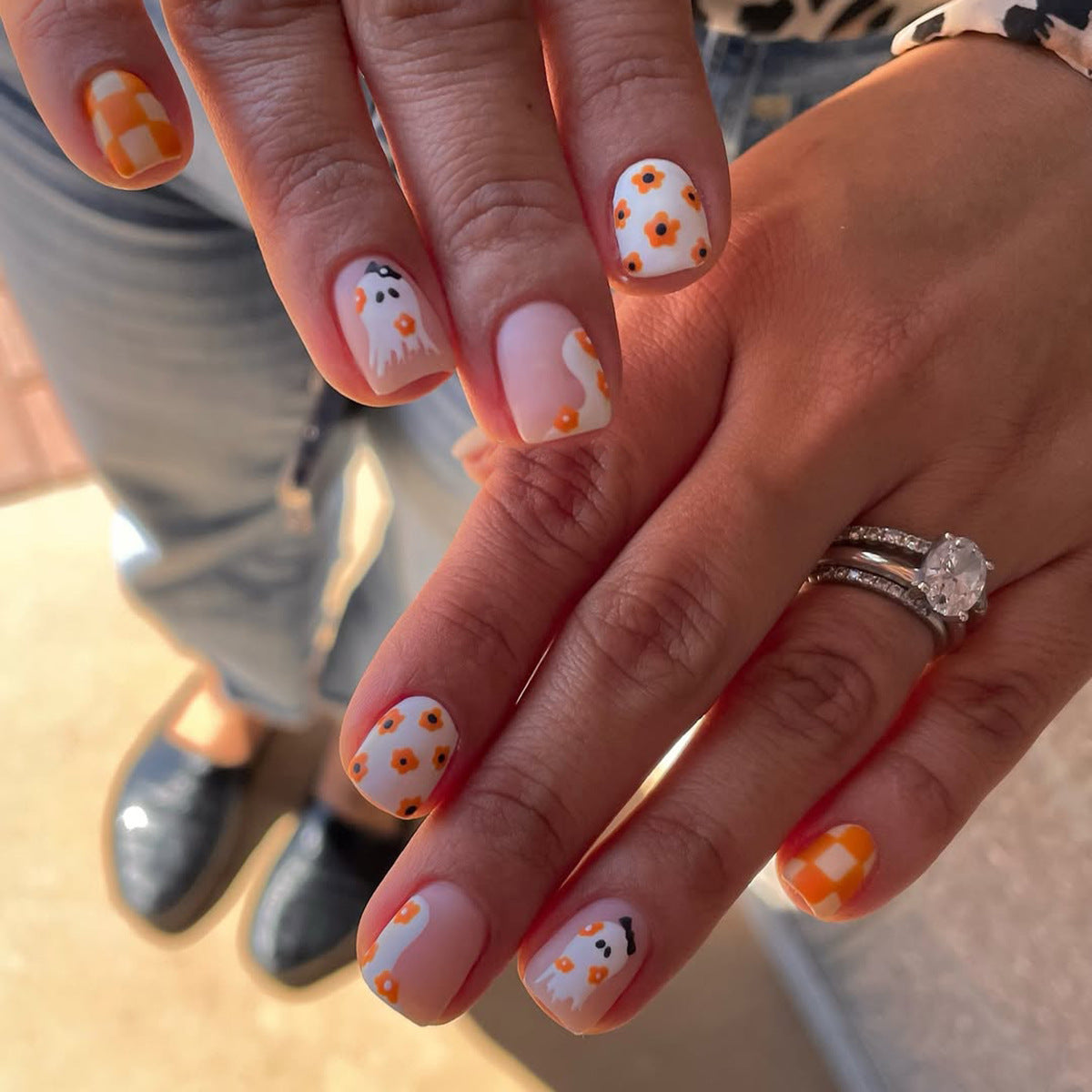 Spooky Floral Short Square Orange Design Press-On Nail Set