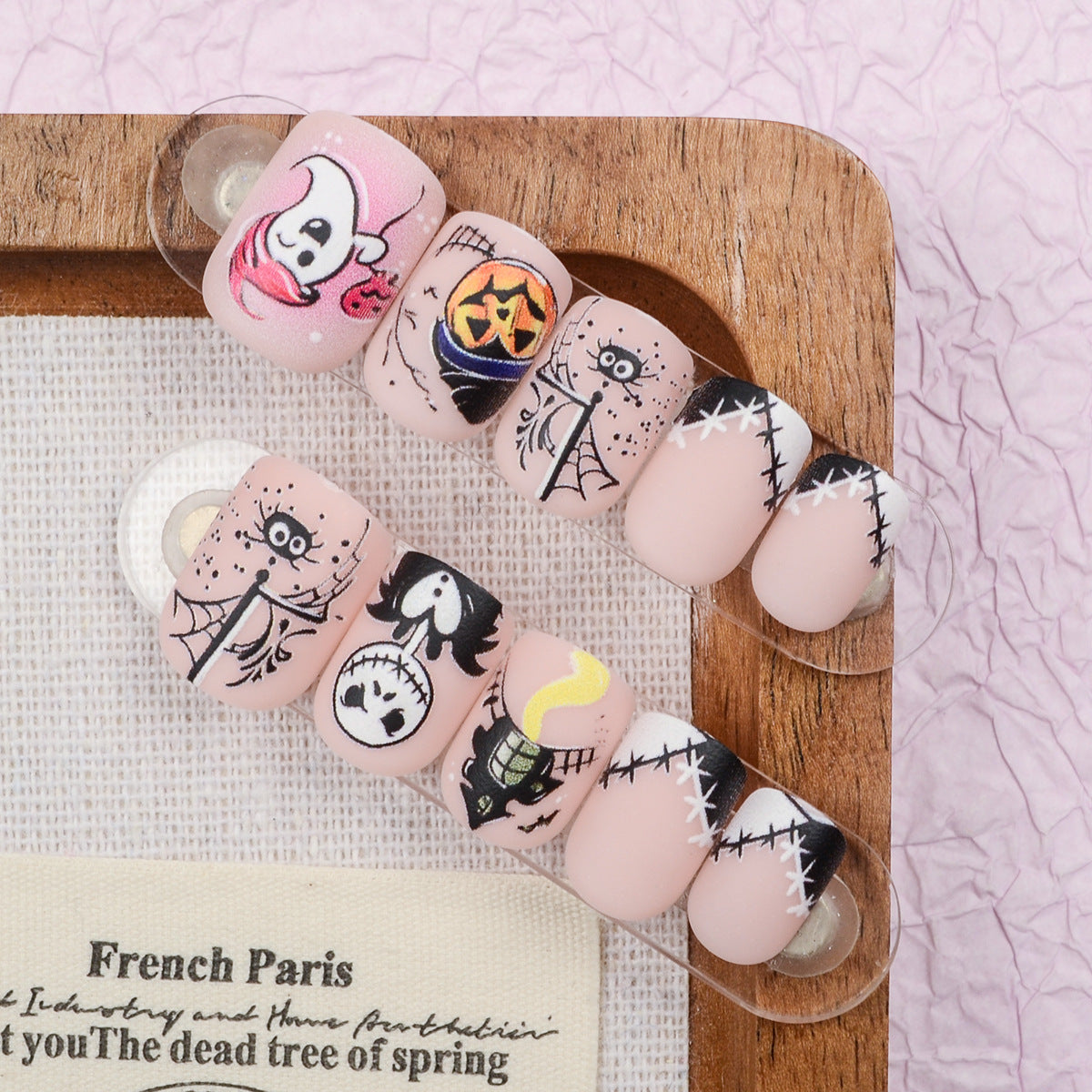 Spooky Vibes Short Square Pink Matte with Halloween Character Designs Press On Nail Set