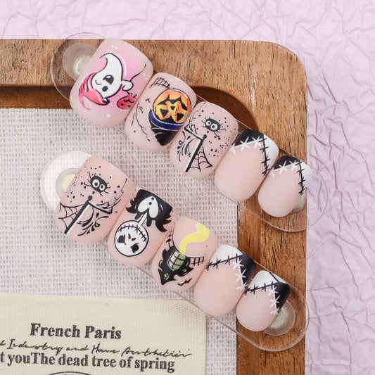 Spooky Vibes Short Square Pink Matte with Halloween Character Designs Press On Nail Set