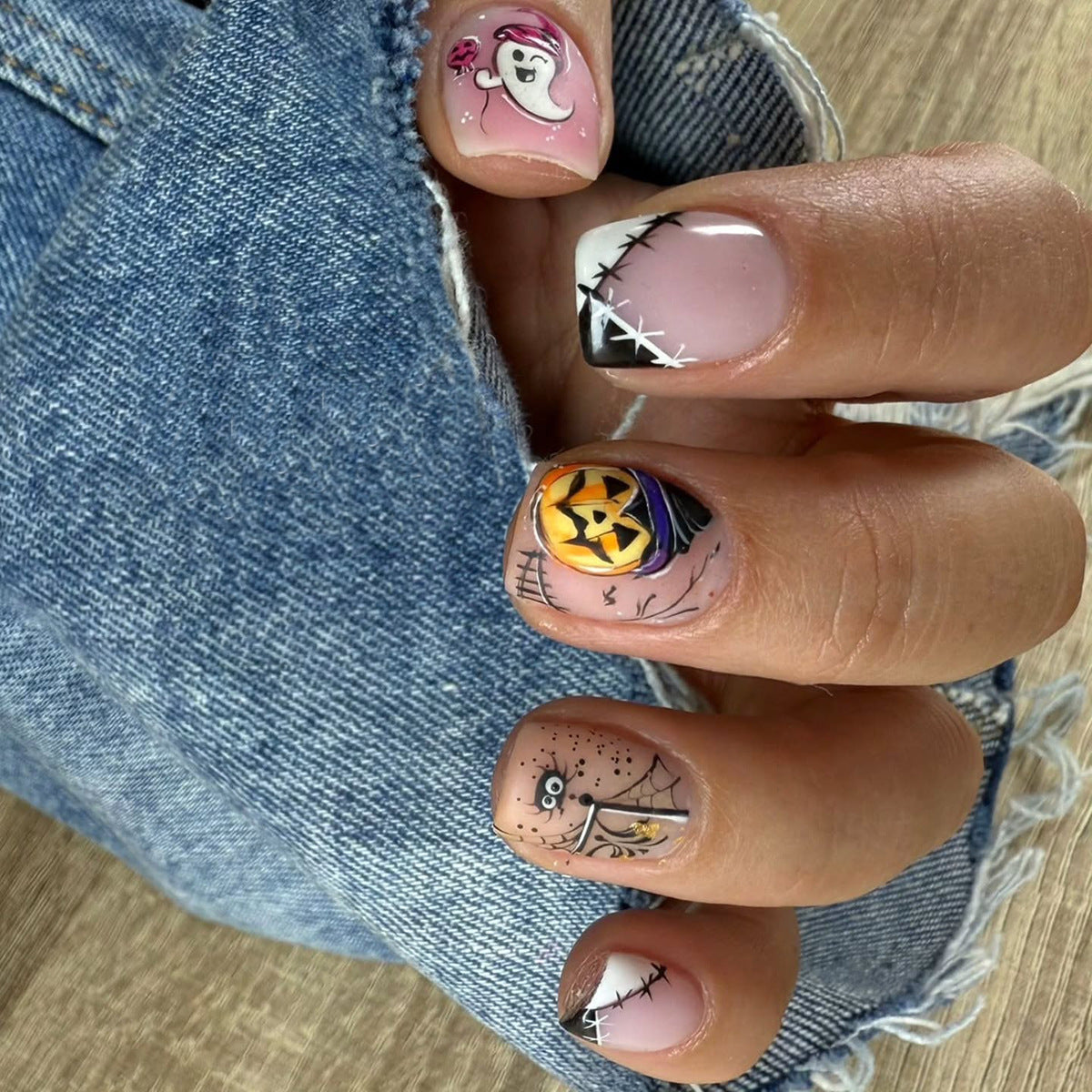 Hauntingly Festive Short Square Pink and Black Halloween Themed Press-On Nail Set