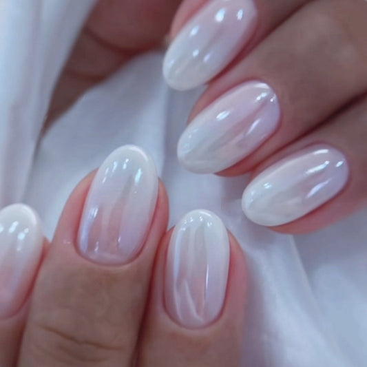 Dreamy Elegance Medium Oval Glossy White Iridescent Press On Nail Set