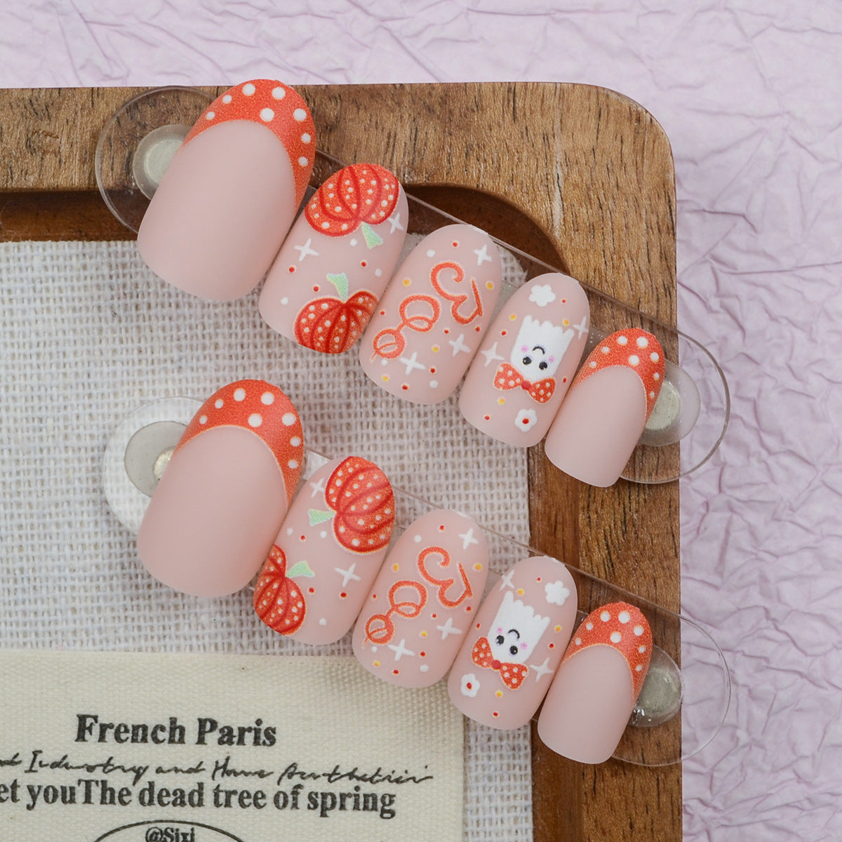 Autumn Vibes Short Oval Pink with Whimsical Pumpkin Design Press On Nail Set