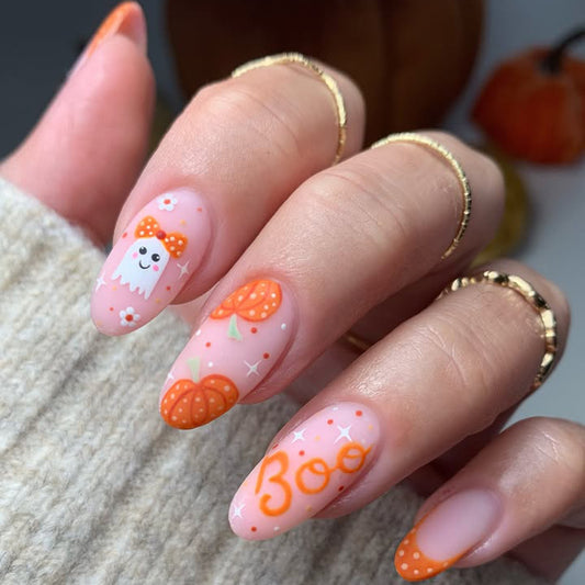 Spooky Halloween Long Almond Orange Pumpkin Nail Press Set with Cute Ghost Design