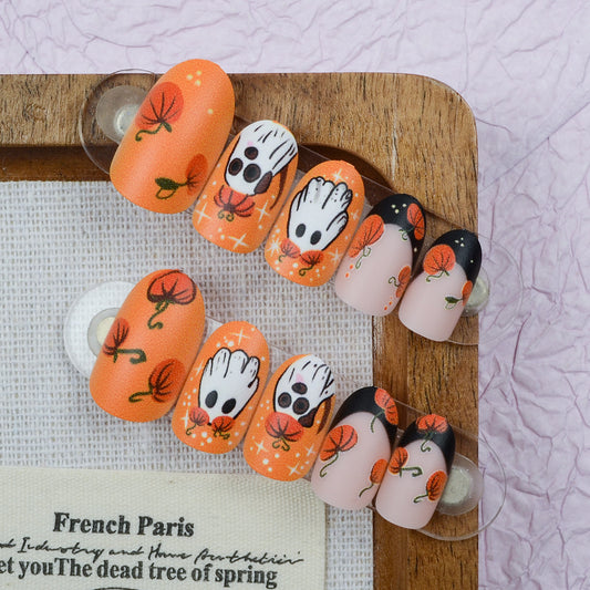 Spooky Autumn Medium Almond Orange with Ghost and Pumpkin Designs Nail Set