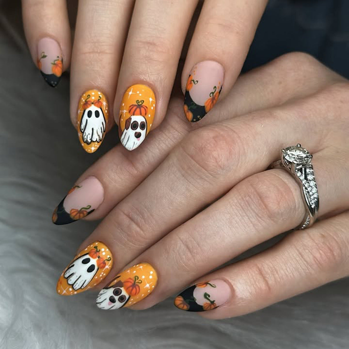 Spooky Season Short Almond Orange with Ghost and Pumpkin Design Press-On Nail Set