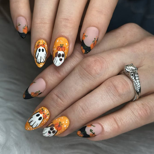 Spooky Season Short Almond Orange with Ghost and Pumpkin Design Press-On Nail Set