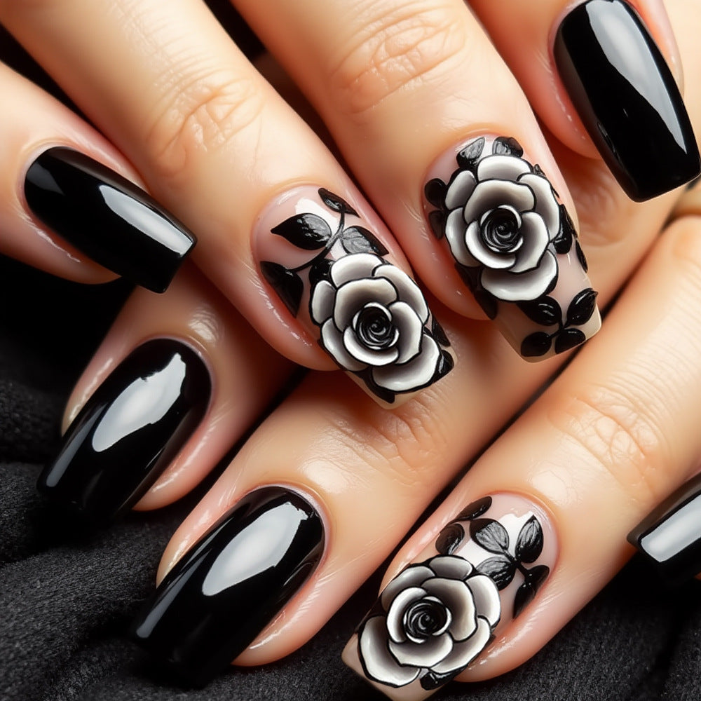 Enchanted Floral Elegance Medium Square Black Press On Nail Set with Stunning Three Dimensional Rose Design
