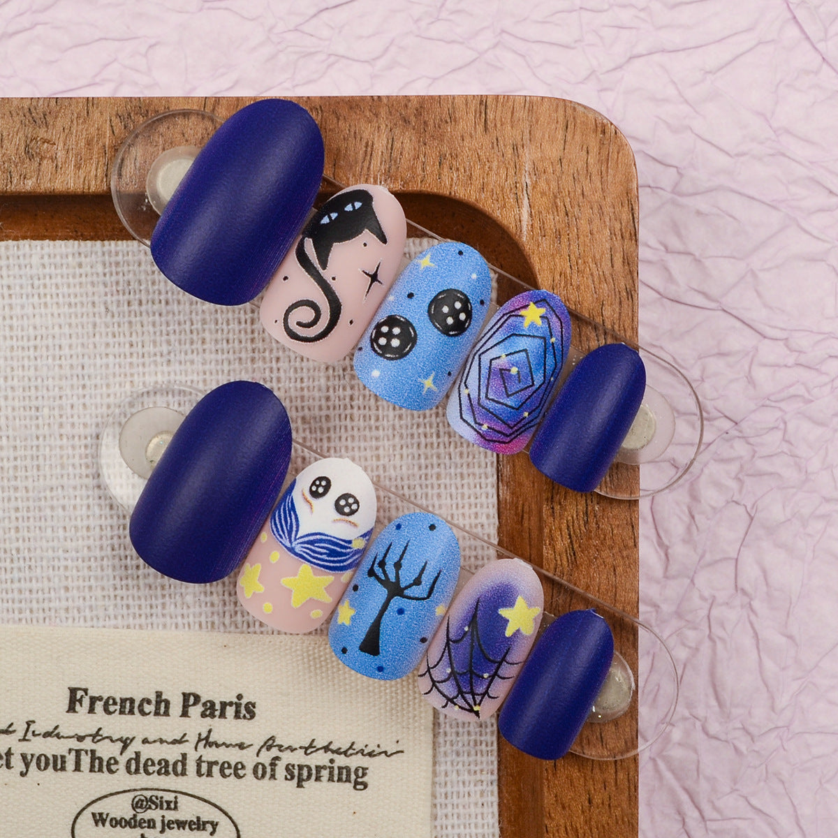 Mystical Dreamscape Medium Almond Deep Blue with Whimsical Cosmic Designs Press-On Nail Set