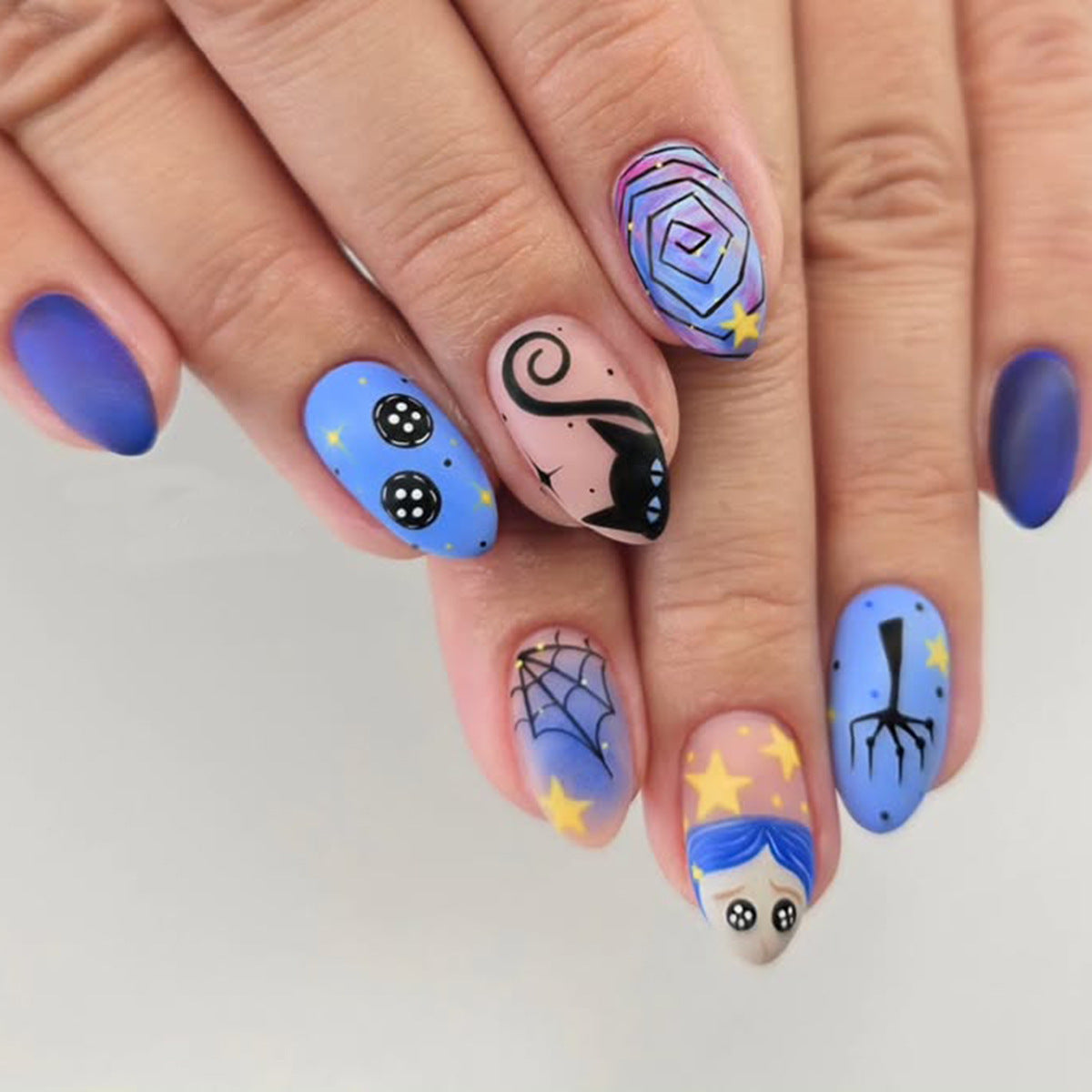 Spooky Dreamscape Medium Oval Blue Gradient with Whimsical Halloween Designs Press On Nail Set