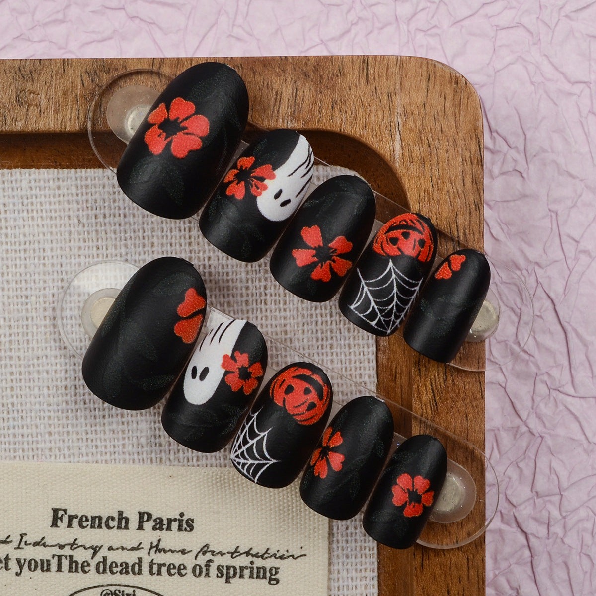 Hauntingly Beautiful Short Oval Black with Floral and Halloween Designs Press On Nail Set