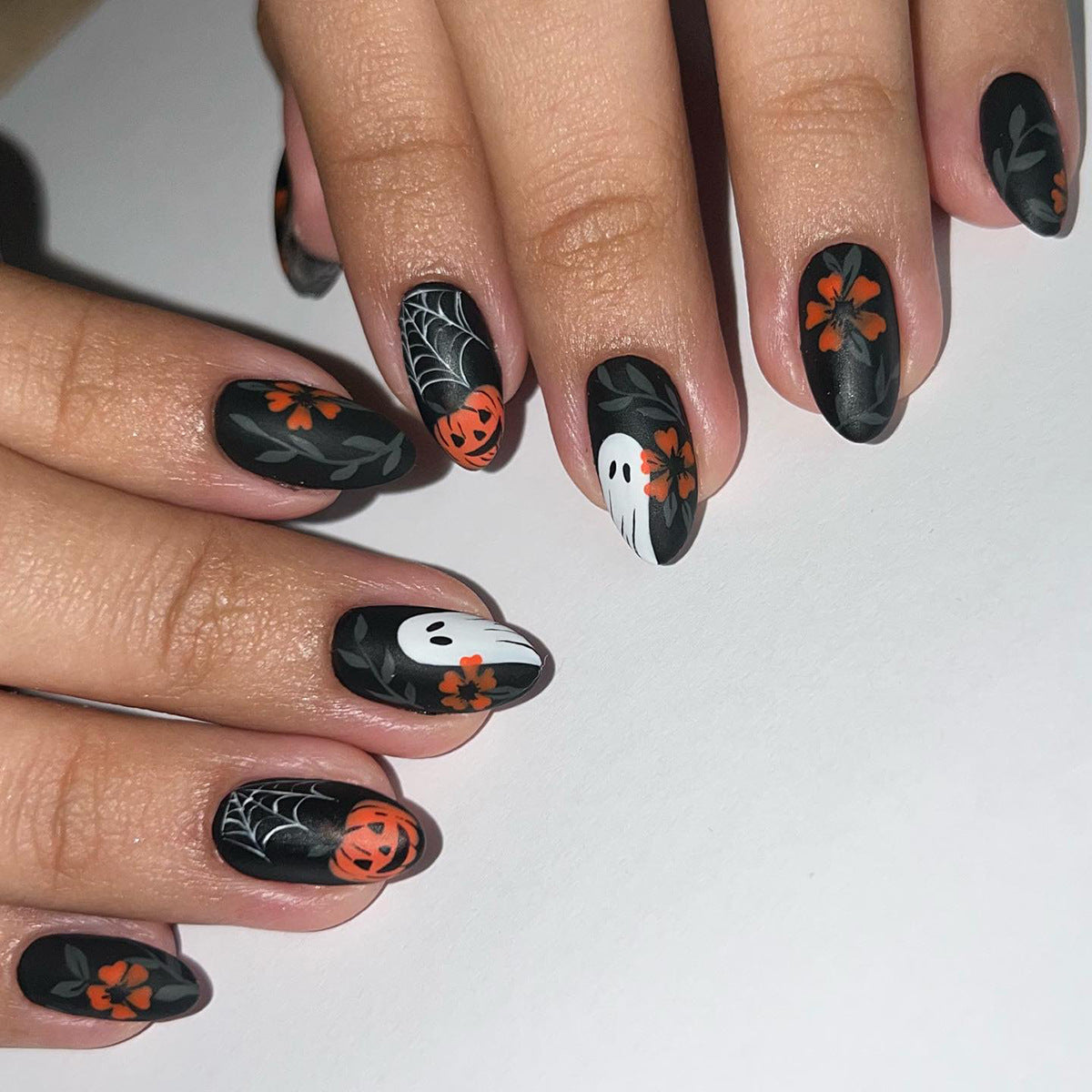 Spooky Seasonal Medium Oval Black with Halloween Floral Design Press On Nail Set