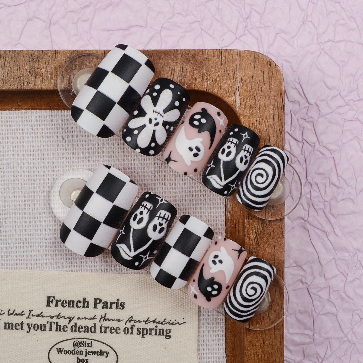 Spooky Charm Long Square Black and White Checkered Nail Press Set