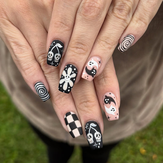 Gothic Charm Long Square Black and Pink Floral Skull Press On Nail Set