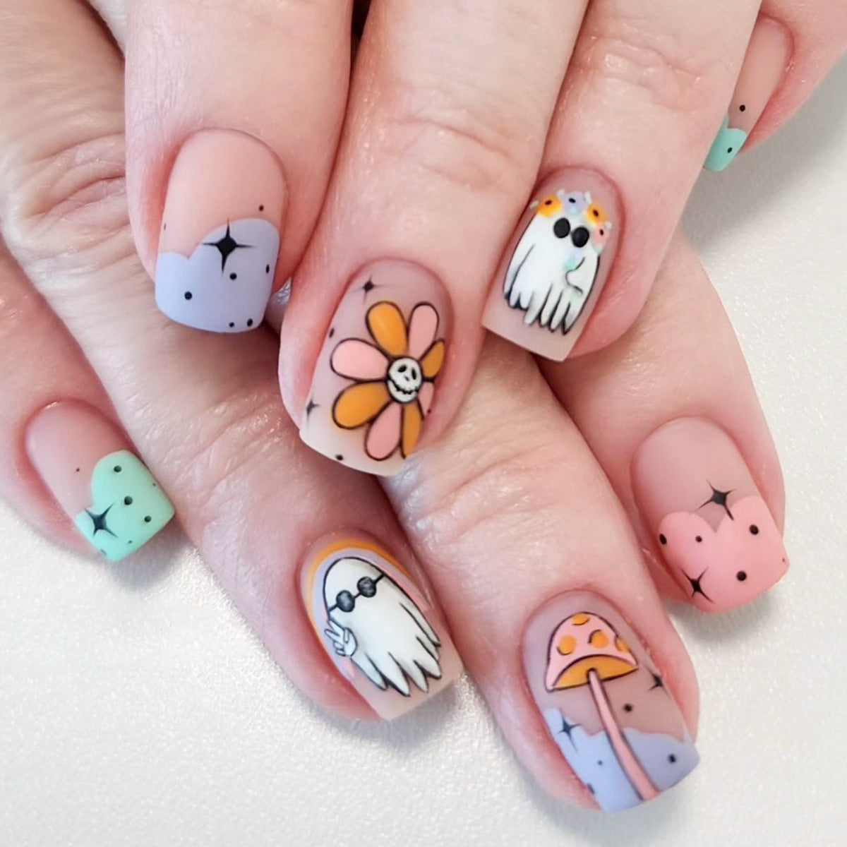 Whimsical Halloween Medium Square Beige Press On Nail Set with Cute Ghost & Pumpkin Designs
