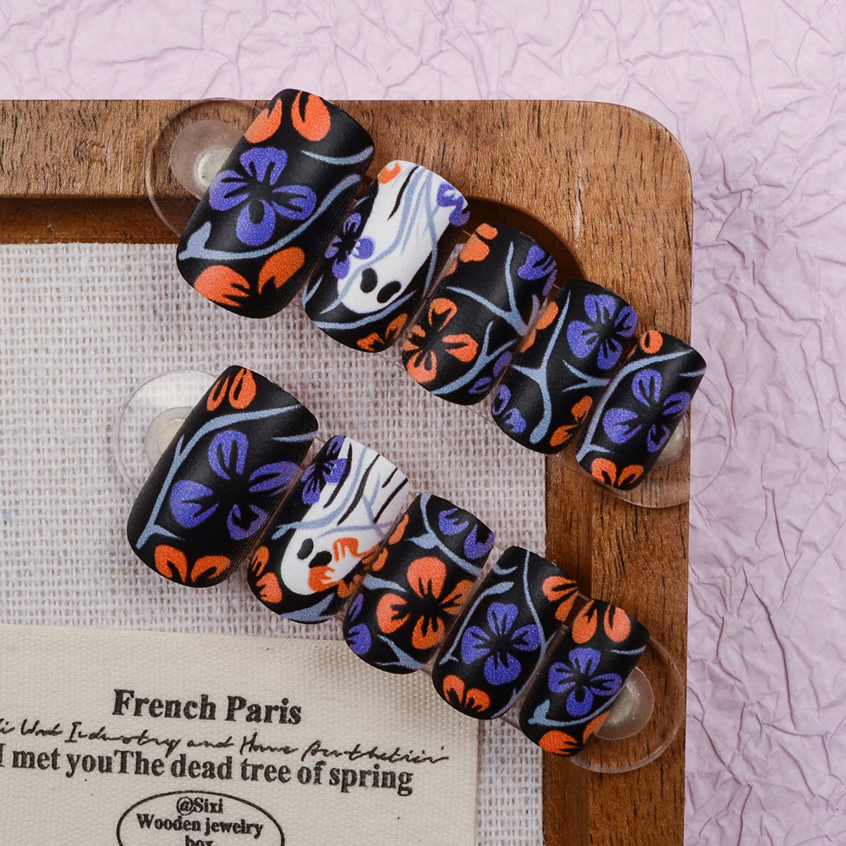 Hauntingly Beautiful Floral Short Square Black Purple and Orange Nail Set