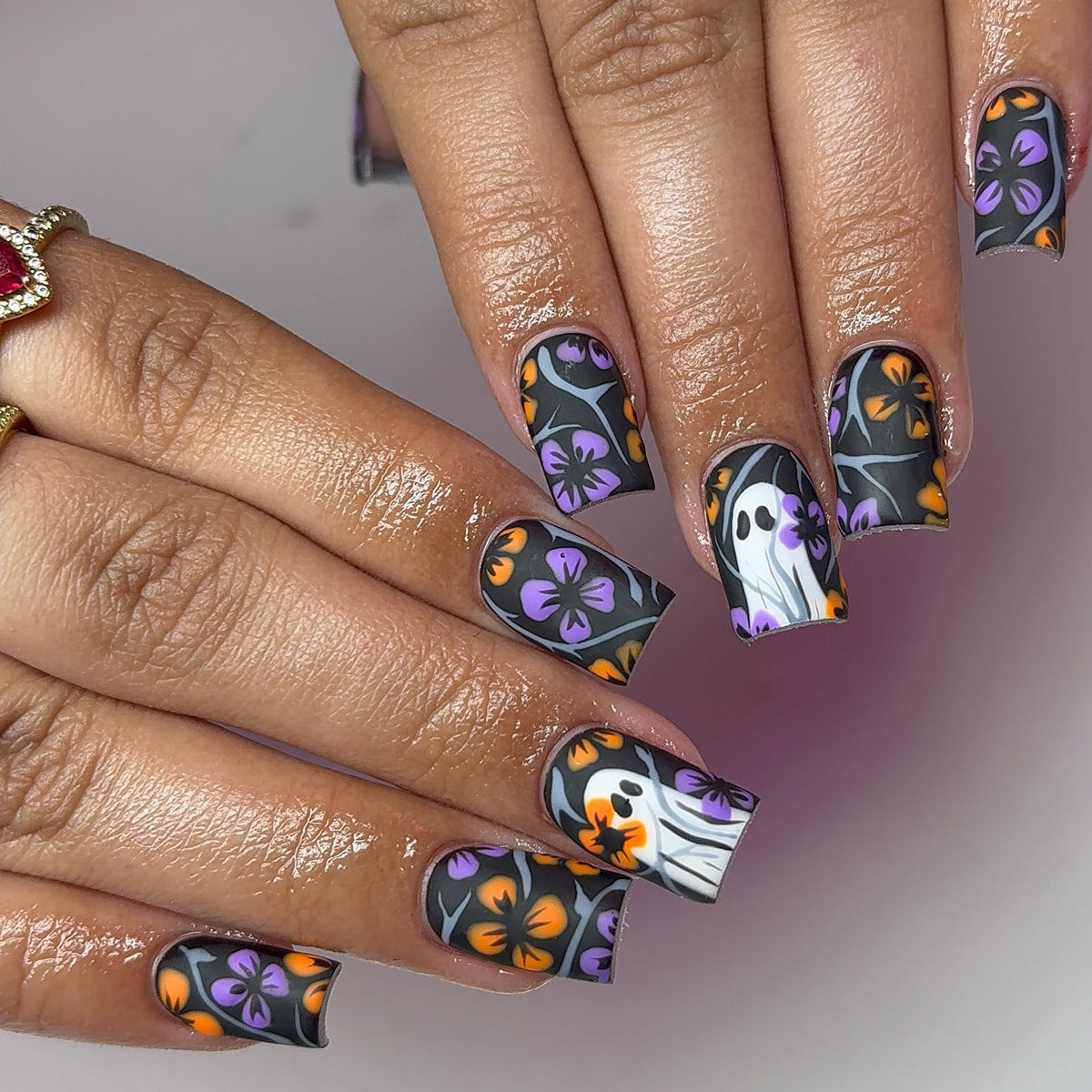 Spooky Floral Long Square Black and Orange Ghost Nail Set