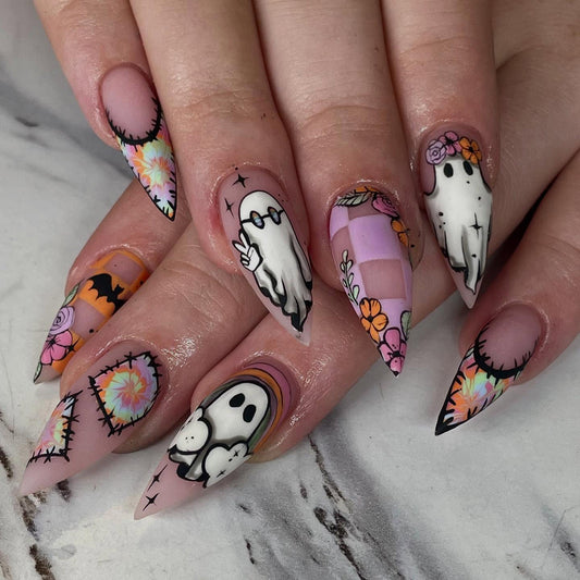 Hauntingly Beautiful Medium Stiletto Pink Ghost Themed Press On Nail Set