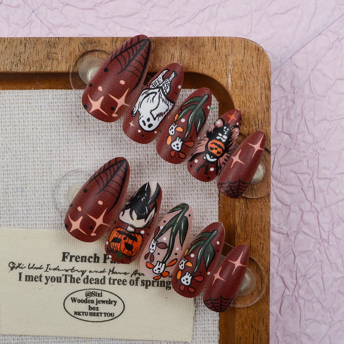 Enchanted Autumn Long Almond Deep Red with Whimsical Halloween Designs Nail Set