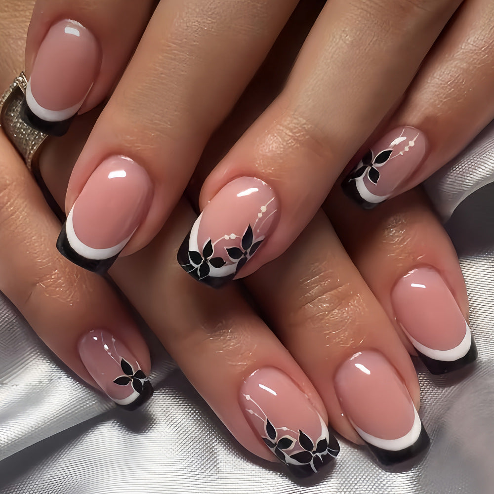 Elegant Floral Design Medium Square Beige Nails with Artistic Black Tips
