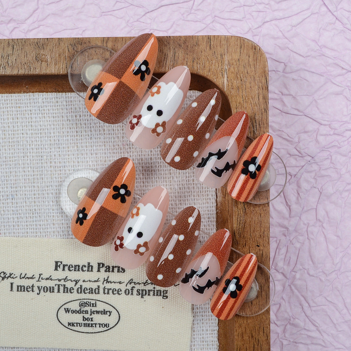 Autumn Whimsy Medium Almond Orange and Brown Floral Design Nail Set