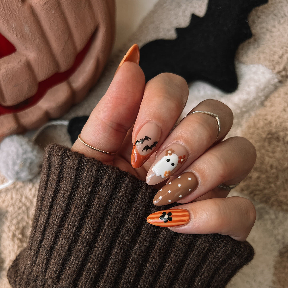 Spooky Autumn Medium Stiletto Orange and Brown with Ghost and Bat Designs Press-On Nail Set