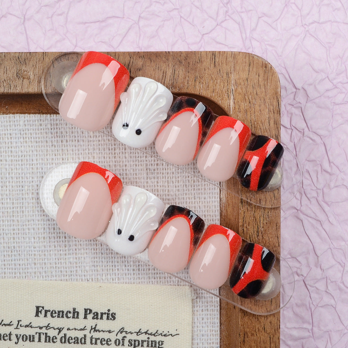 Whimsical Seashell Short Square Pink and Red Artistic Design Press On Nail Set