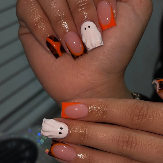 Spooky Halloween Short Square Orange and Black Ghost Nail Set
