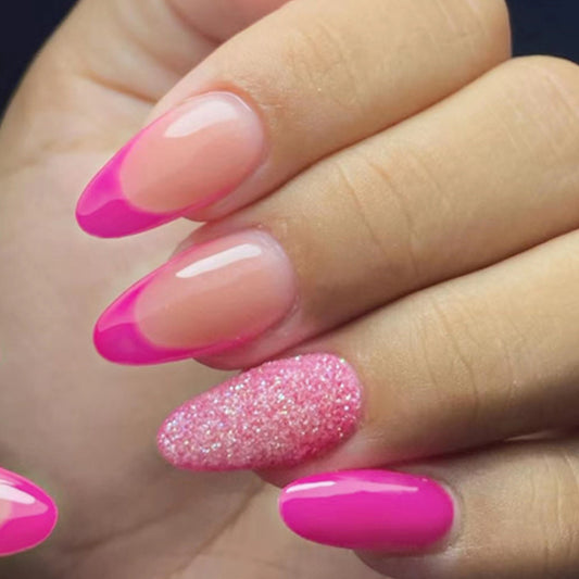 Summer Glam Medium Almond Pink Ombre Press On Nails with Glitter Accent