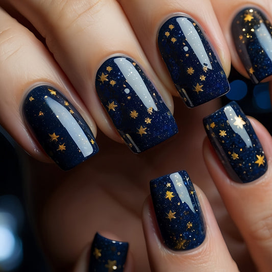 Celestial Dream Night Sky Medium Square Navy Blue Press On Nail Set with Sparkling Star Accents