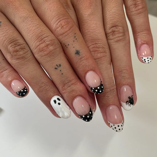 Spooky Charm Medium Oval Black and White Dot Design Press-On Nail Set