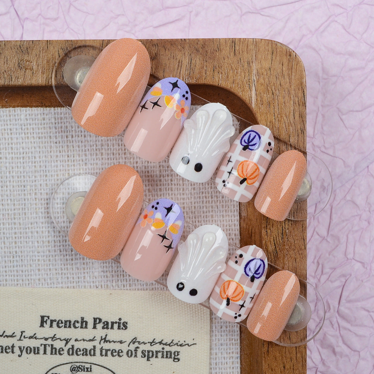 Mystical Garden Short Round Peachy with Floral Accents Press On Nail Set