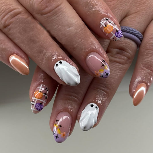 Hauntingly Beautiful Long Almond Orange and White Ghost Nail Set