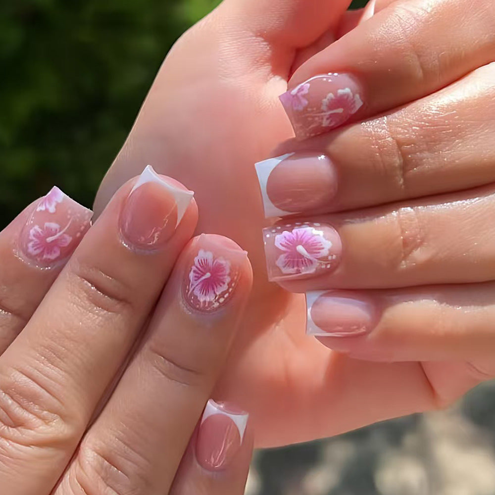 Tropical Bliss Short Square Pink Floral Press On Nail Set
