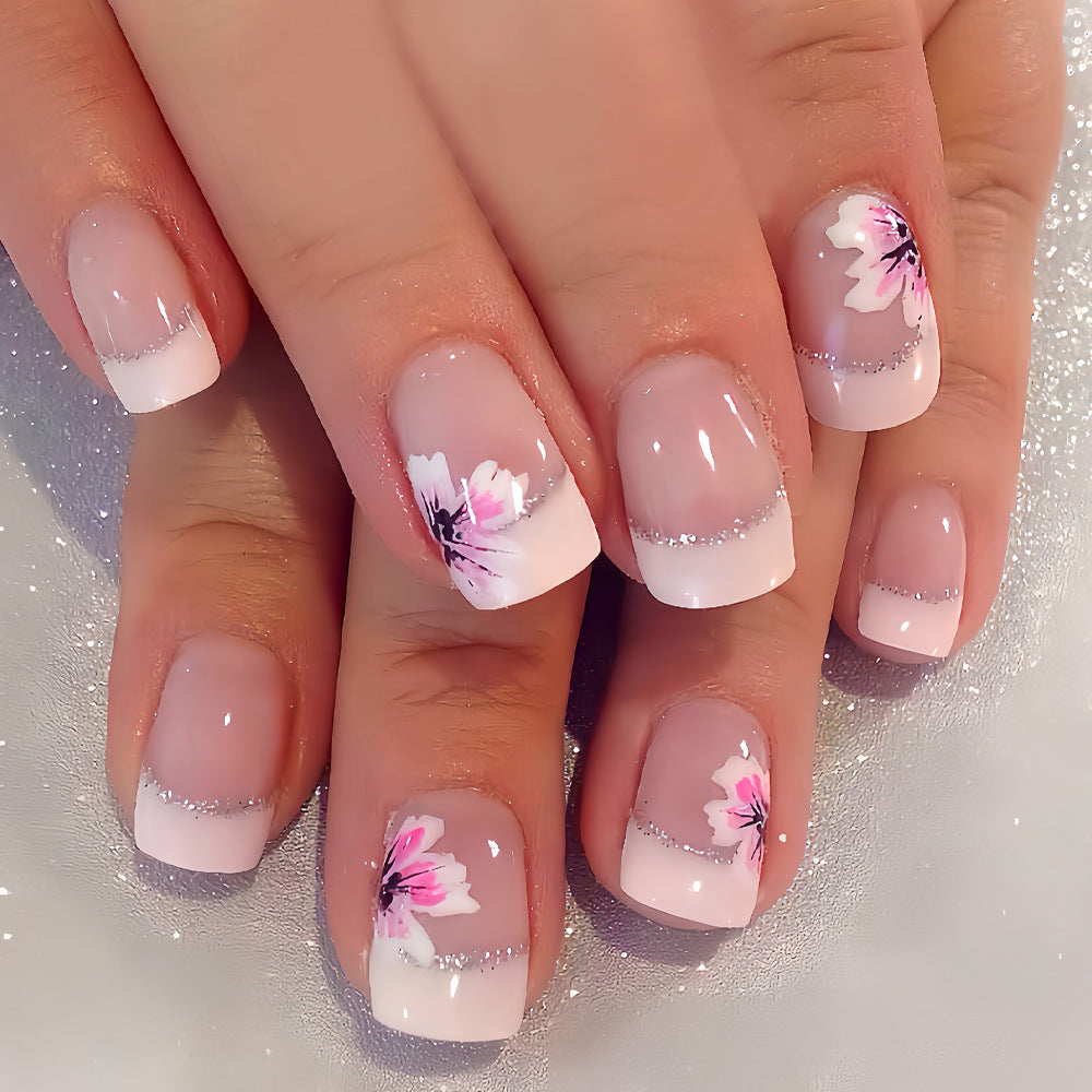 Blossom Dreams Short Square Pink Floral Press On Nail Set with Glitter Accent