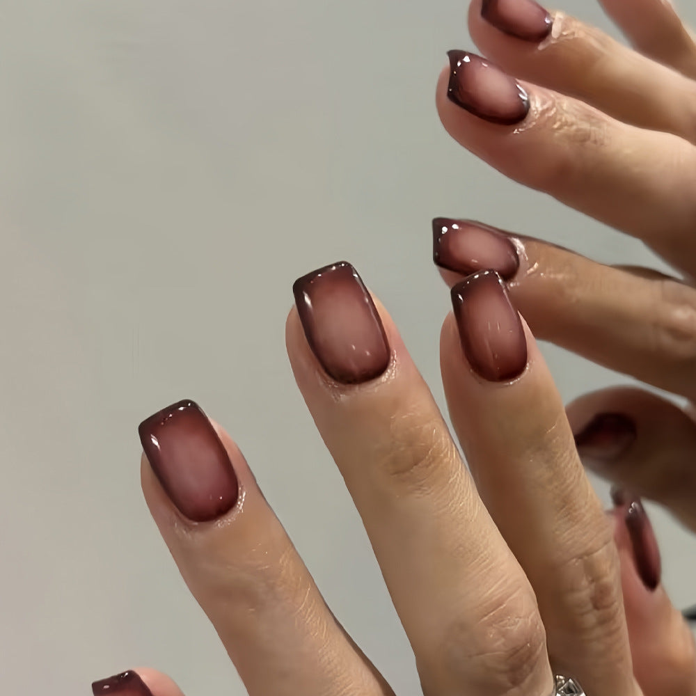 Elegant Autumn Ombre Short Square Press-On Nail Set in Deep Burgundy with Glossy Finish