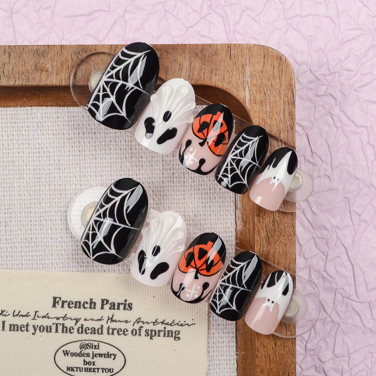 Spooktacular Short Oval Black Orange Ghostly Nail Set with Spiderweb Design