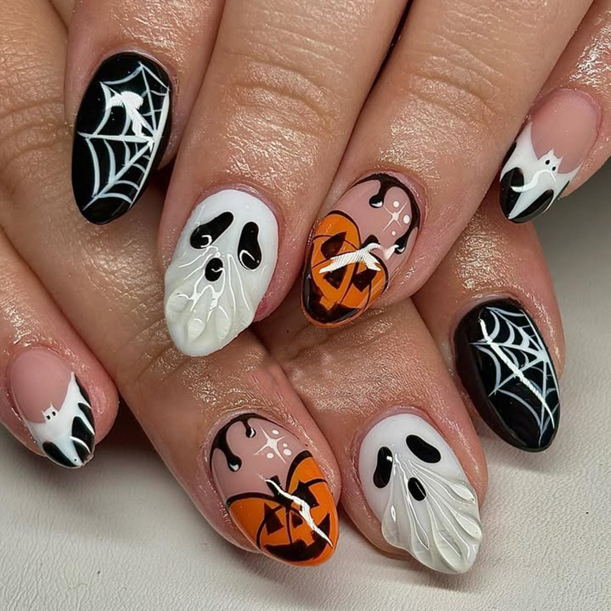 Spooky Halloween Short Oval Orange and Black Ghost Design Press On Nail Set