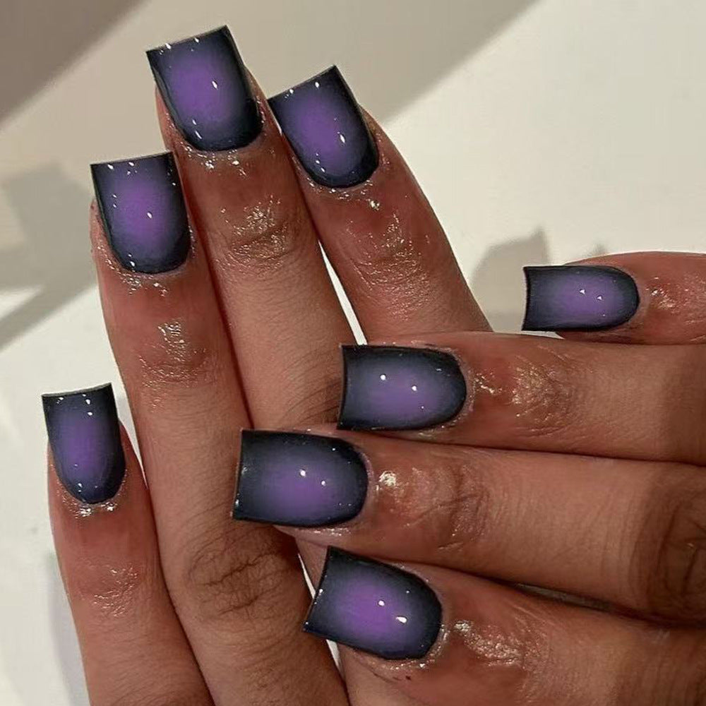 Cosmic Elegance Short Square Press On Nail Set Long Ombre Purple and Black with Glossy Finish