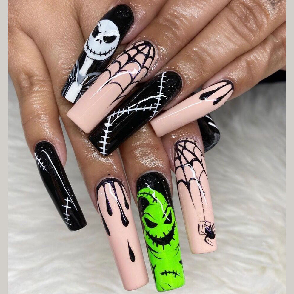 Spooky Halloween Long Square Black Beige Cartoon Character Embellished Press On Nail Set