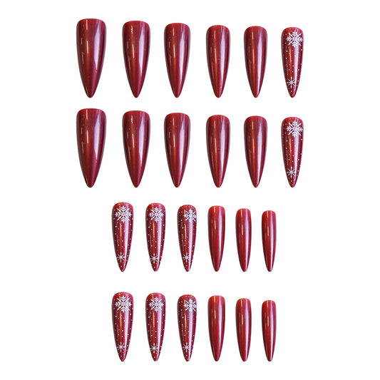 Winter Wonderland Long Stiletto Press On Nail Set in Deep Red with Snowflake Accents