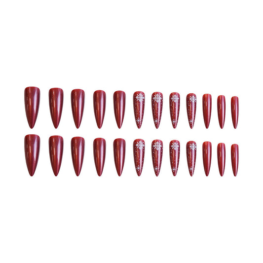 Winter Wonderland Stellar Long Almond Red Glossy Nail Set with Elegantly Frosted Accents